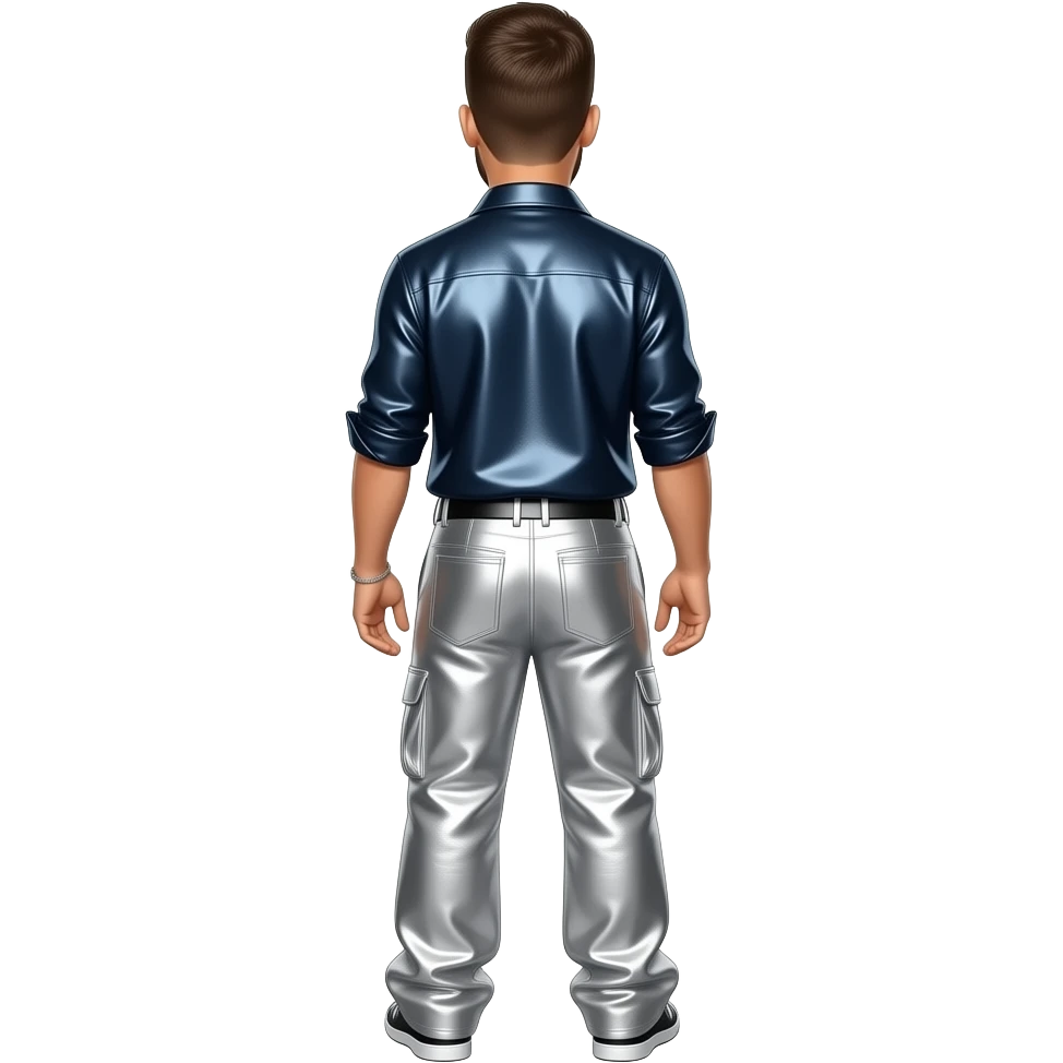 Justin Timberlake from behind with dark blue metallic shirt, silver metallic baggy pants, necklace emoji