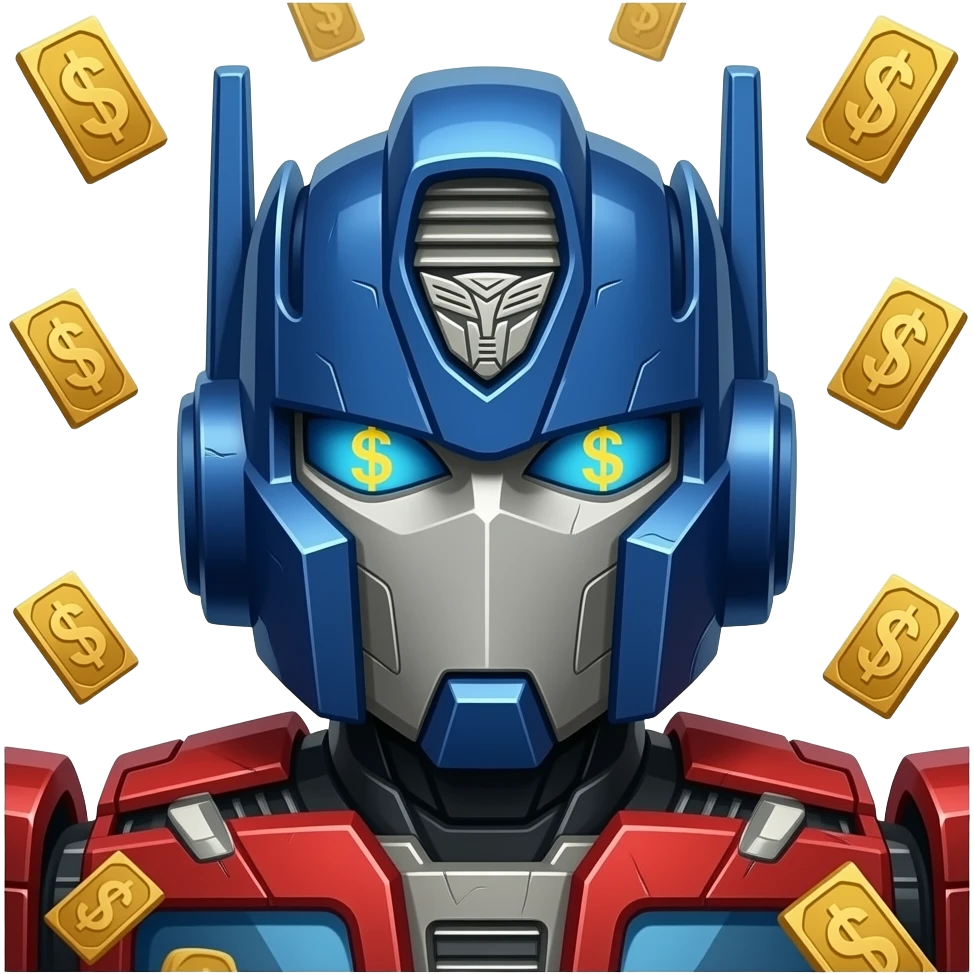 Optimus Prime on Cybertron, dollar signs in his eyes, gold and cash floating around, hyper-detailed, 8k. emoji
