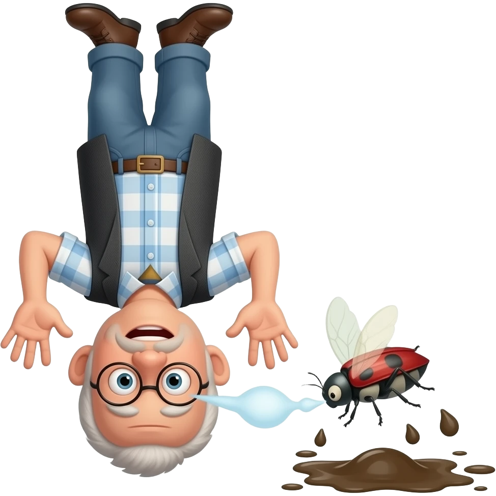 Unlucky uncle is upside down a bug is flying nearby and falls into the mud after sneezing letter u emoji
