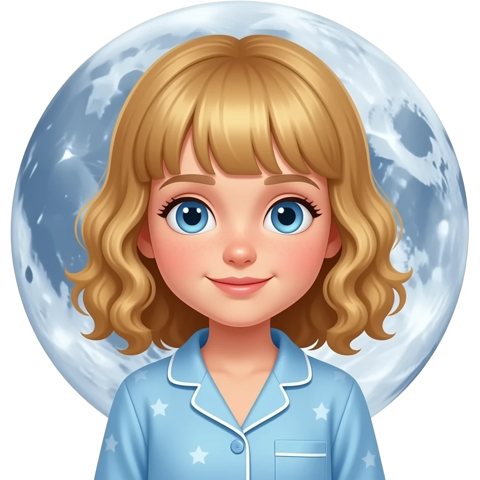 white kid blue eyes mid length with bangs soft curly hair to shoulders in color: middle to little darker blond, in pyjamas with a moon behind her and stars emoji