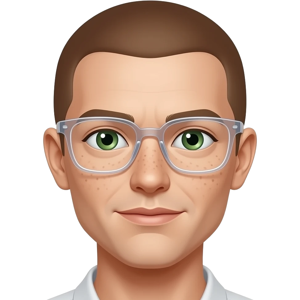 una cara con pecas. ojos verdes, cara blanca. con gafas bonitas transparentes para ver. emoji