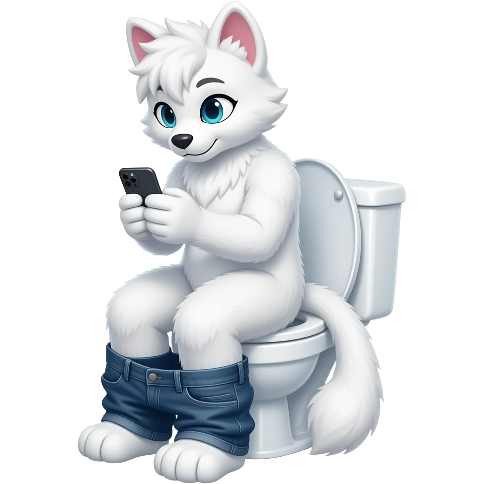 white fursuit sitting on toilet, side view, pants down, looking down at phone emoji