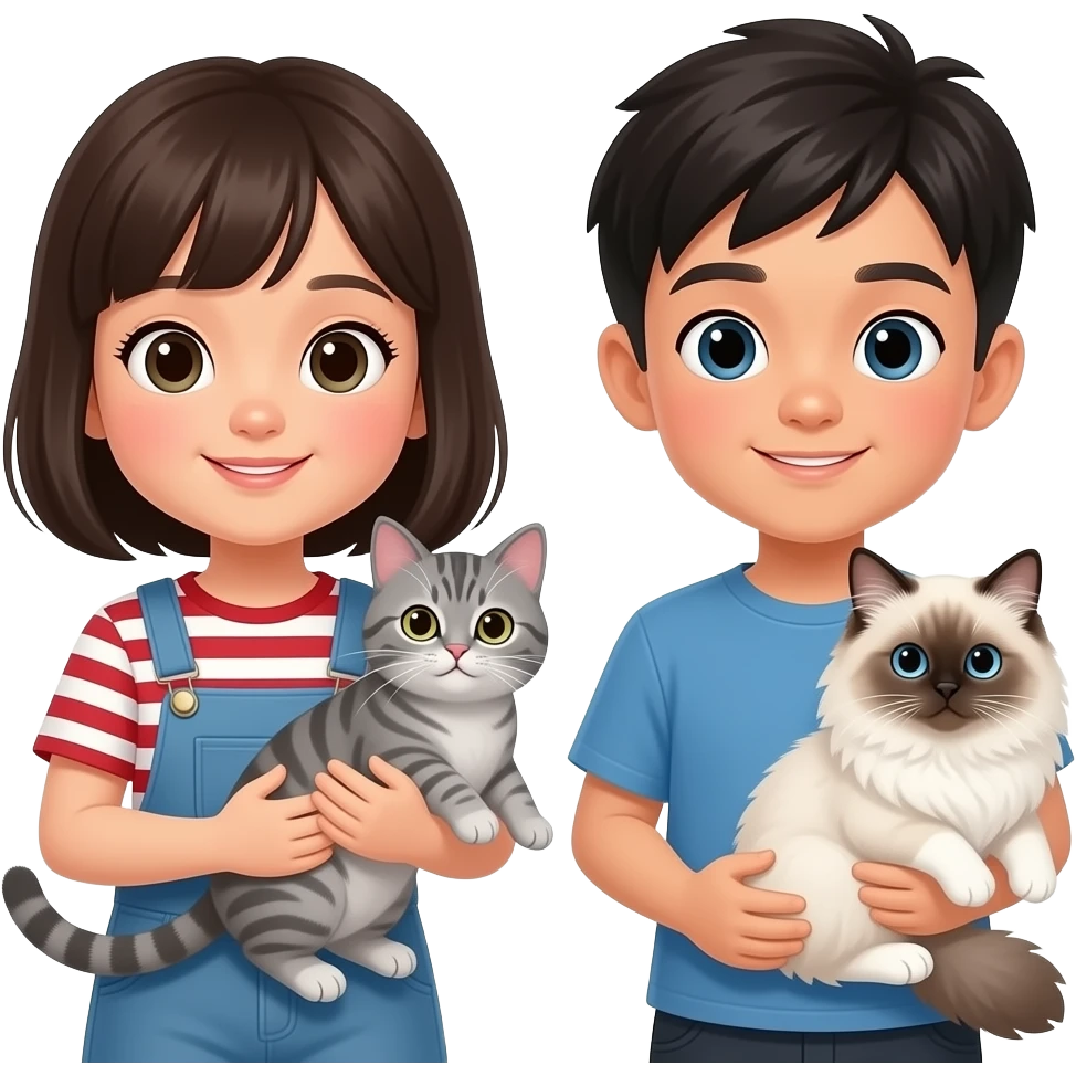 Asian girl holding american shorthair gray tabby cat and Asian boy holding ragdoll cat emoji