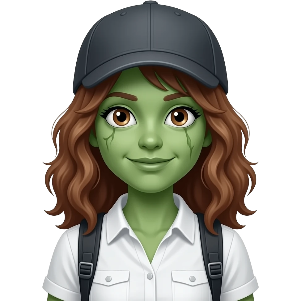 Uma menina zumbi de pele verde, cabelo marrom ondulado, boné, blusa branca com mochila emoji