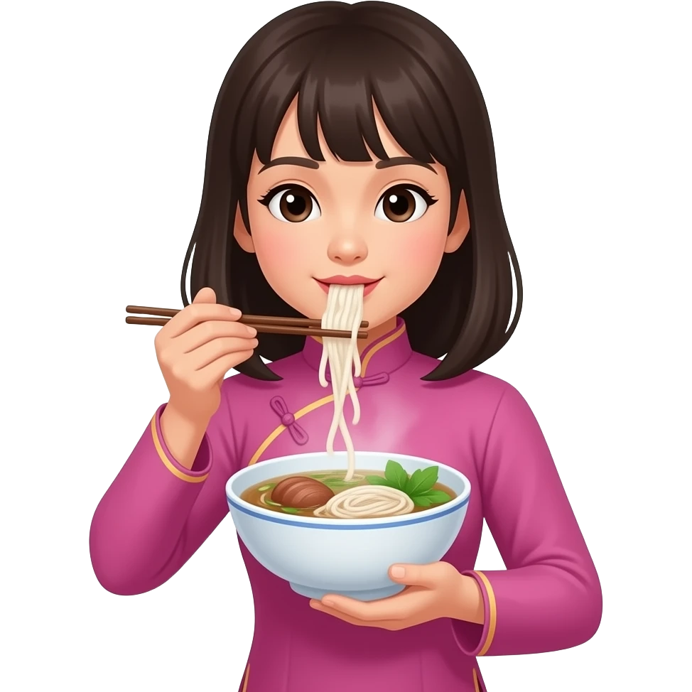A Vietnamese girl wearing ao dai and slurping phở emoji