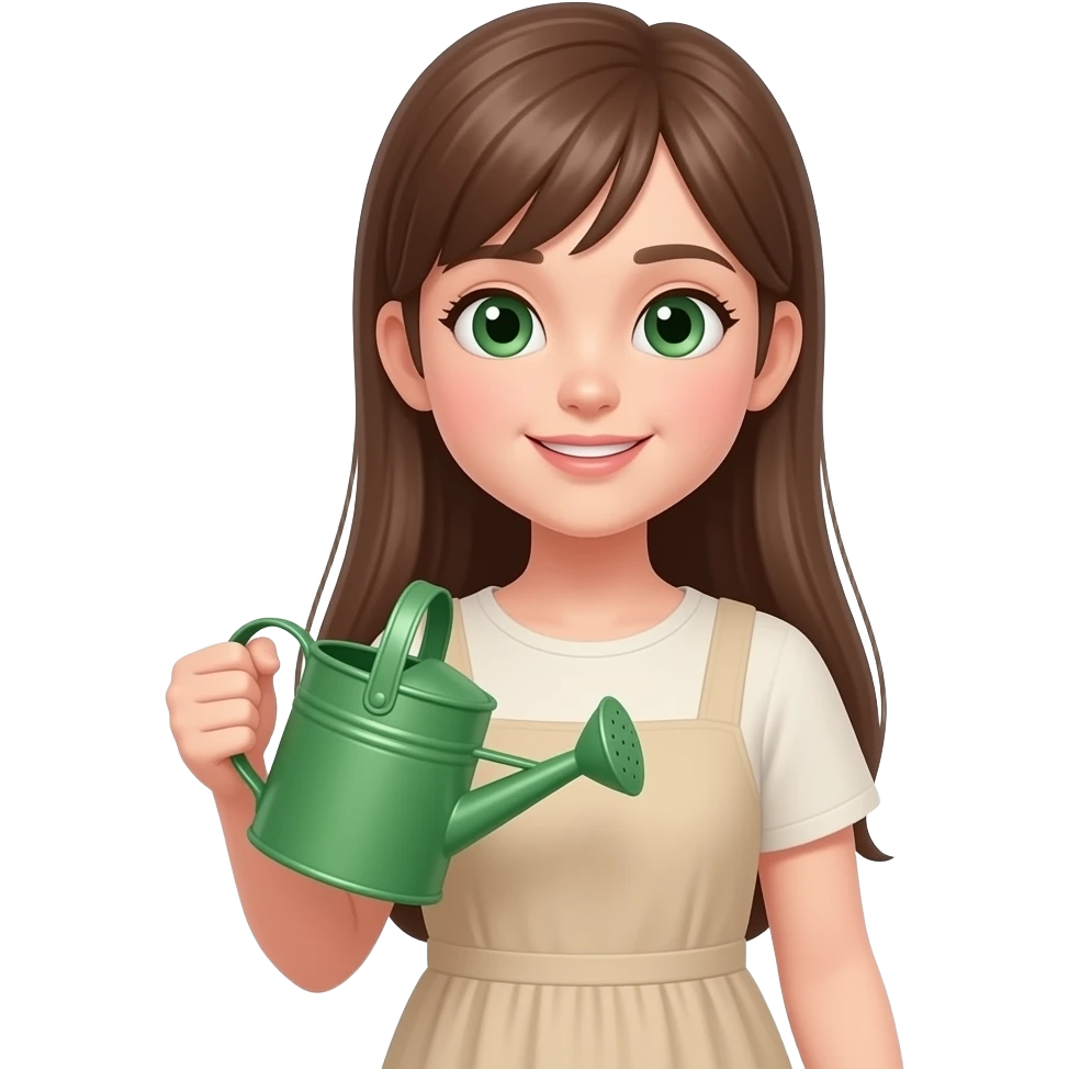 a closeup of a girl with long straight brown hair and small proportionate green eyes dressed in a beige casual dress with a green watering thing emoji