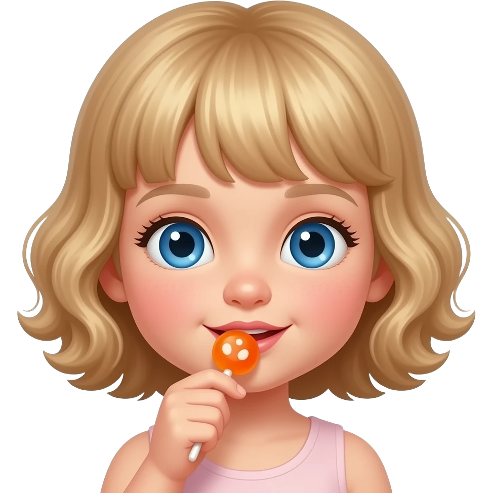 white kid blue eyes mid length with bangs soft curly hair to shoulders in color: middle to little darker blond, eating  gummie emoji