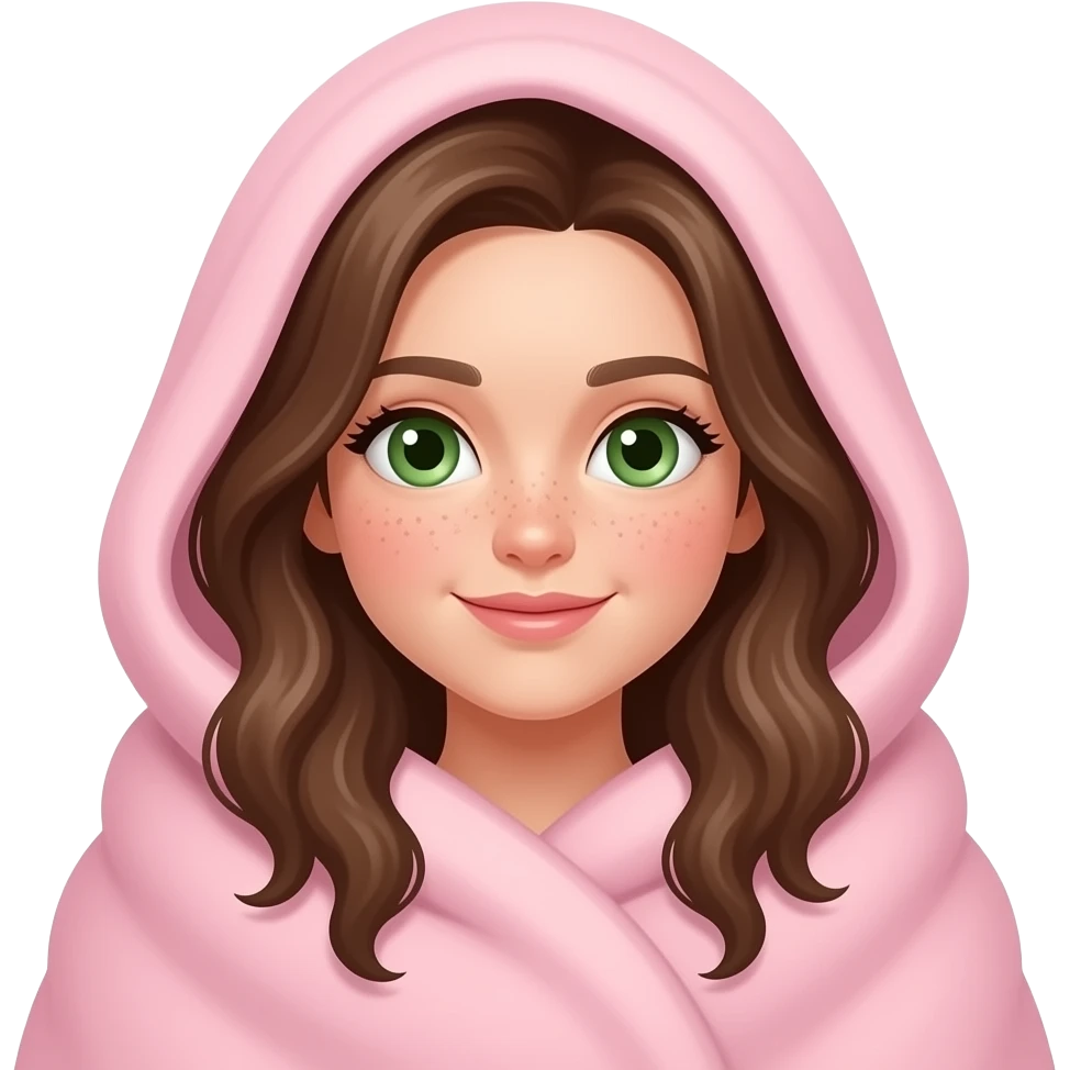 Brown wavy long hair green eyes cute face with freckles pretty girl covered with pastel pink blanket on head all body under blanket all girl visible emoji