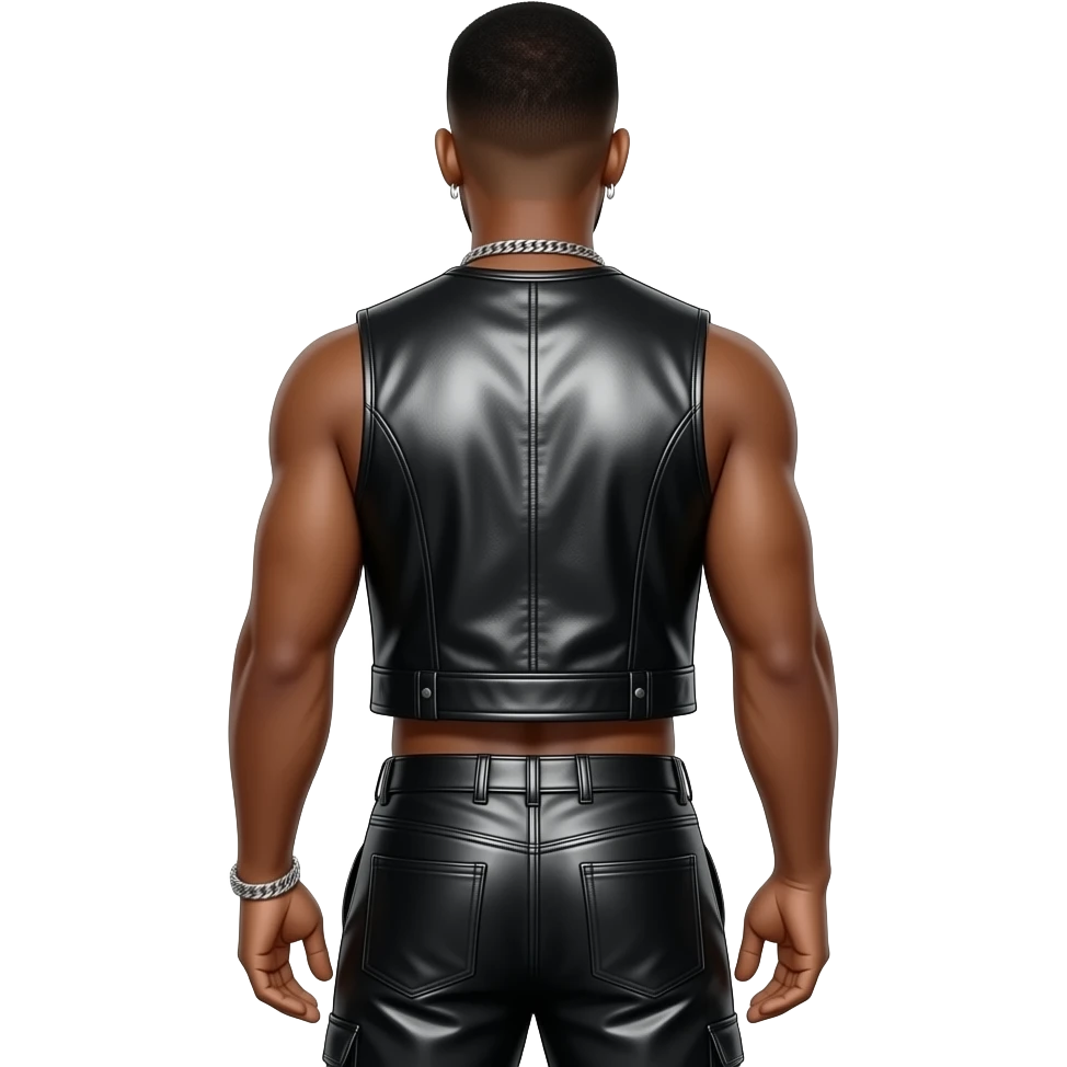 R. Kelly from behind with black metallic vest, black metallic saggy pants, shirtless with necklace and earrings emoji