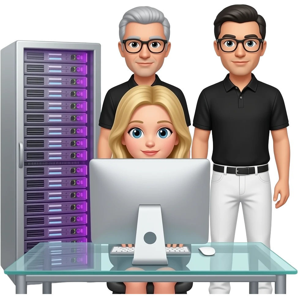 In the background is a silver server cabinet with purple lighting, in the foreground is a glass table and an imac computer, two men are standing, gray hair, black glasses, black hair, silver glasses, dressed in white pants and a polo shirt, a blonde girl is sitting at the table, emoji