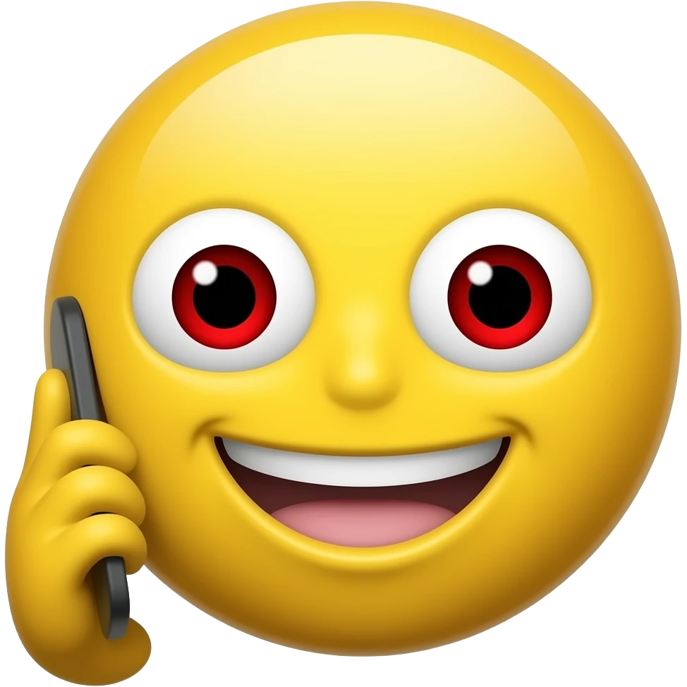 default yellow emoji holding a phone in front of him smiling with teeth and red eyes emoji