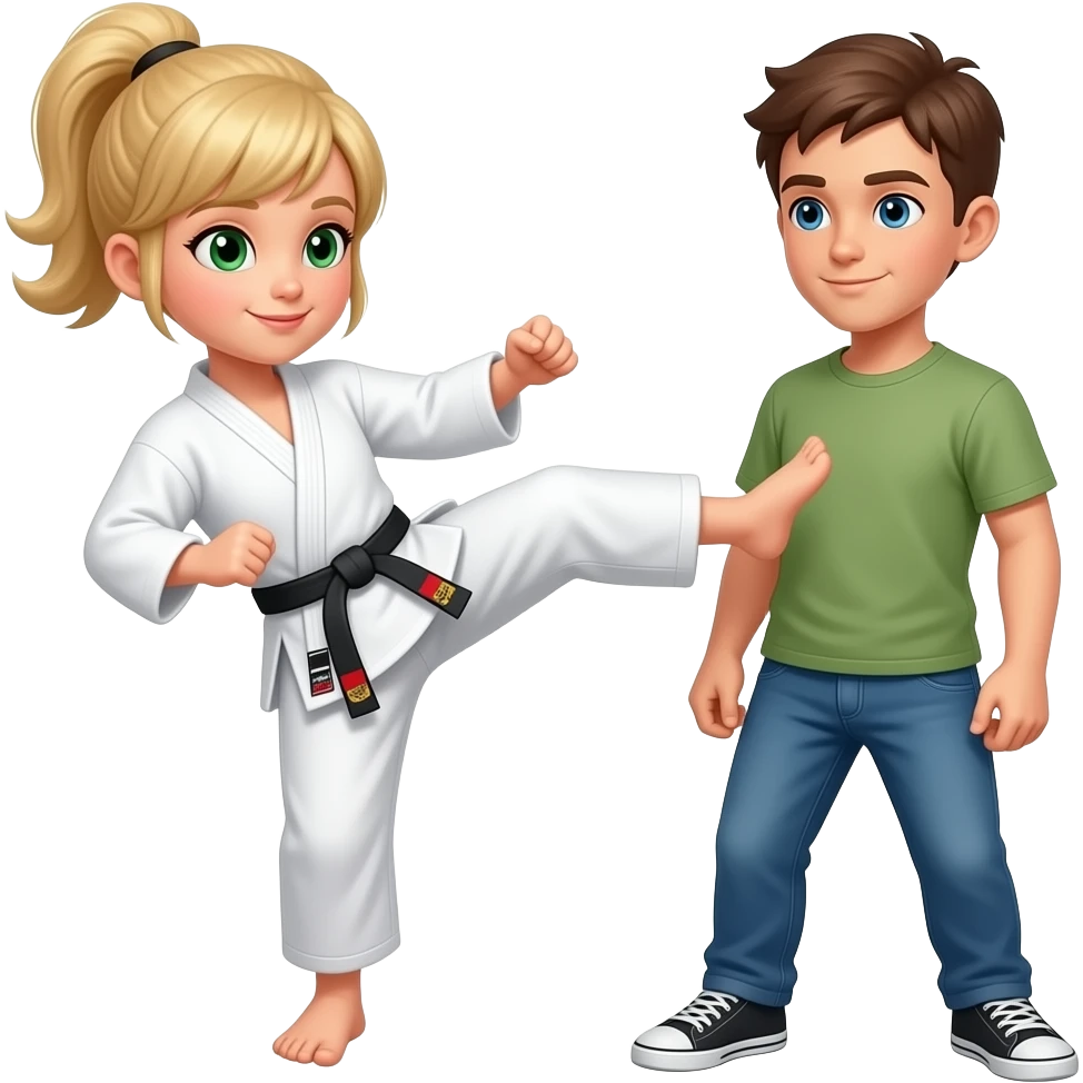 Blonde green eyed judo girl kicking a normal boy emoji | AI Emoji Generator