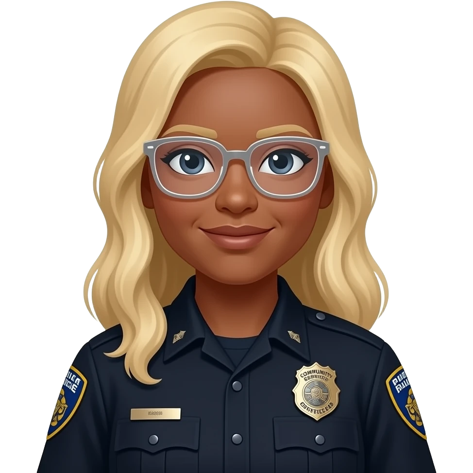 police woman, brown complexion, blonde long hair, no hat, Clear colored glasses, badge says (Community Service Officer) black uniform emoji