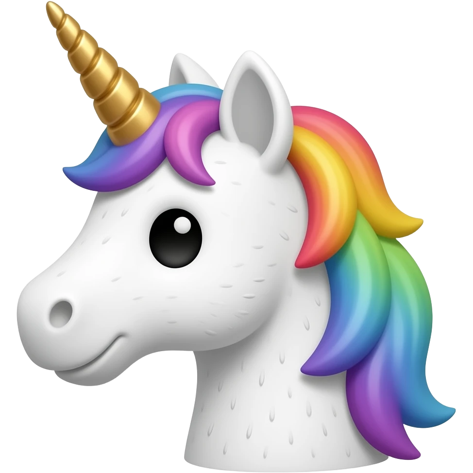 Whimsical funny face of a white unicorn, golden horn, rainbow mane, black eyes, (textured fur) in profile emoji