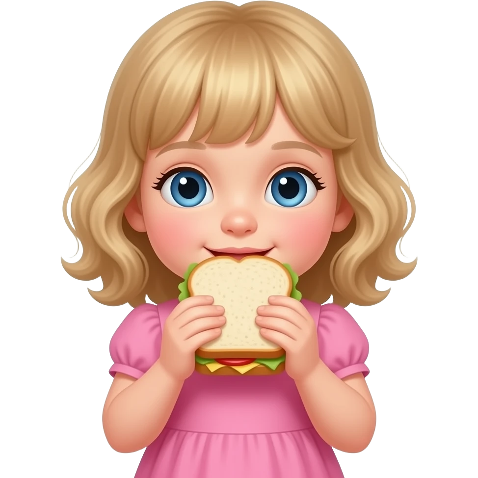 white kid blue eyes mid length with bangs soft curly hair to shoulders in color: middle to little darker blonde, in pink dress, eating sandwich emoji