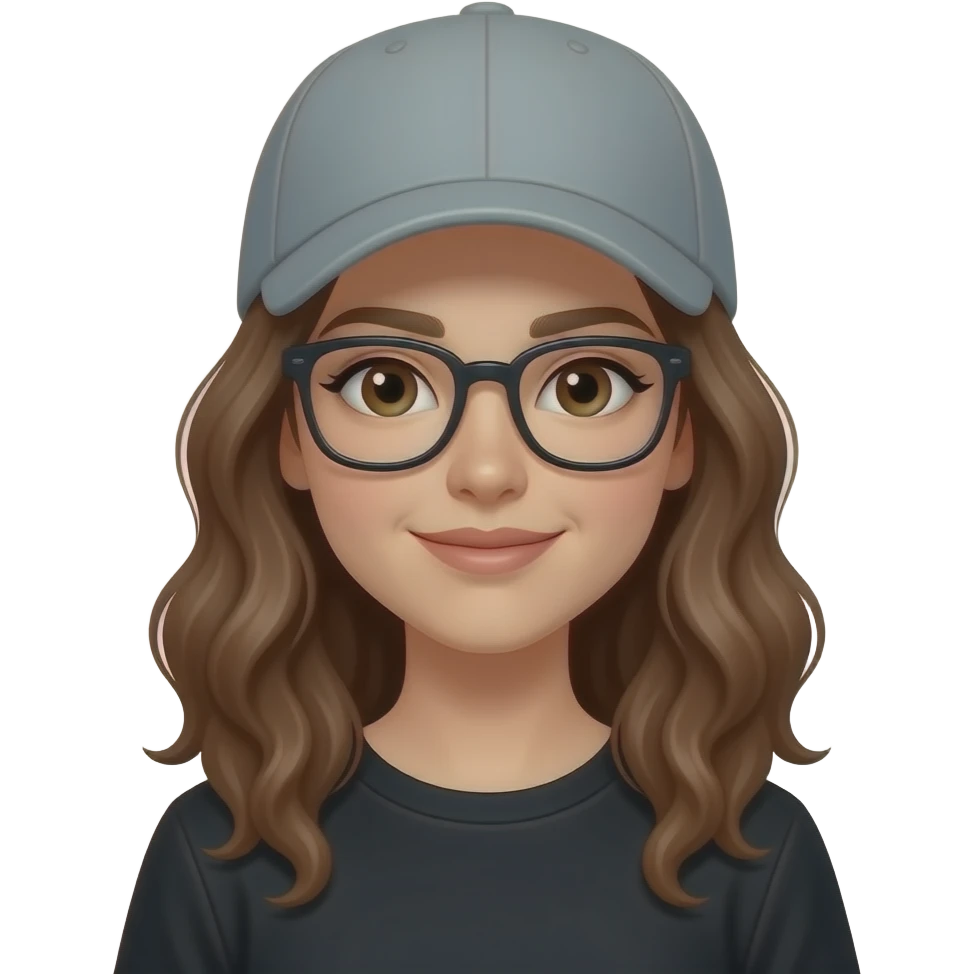 Girl with brunette hair wavy hair, grey sports hat fair skin black shirt young adult  glasses, emoji