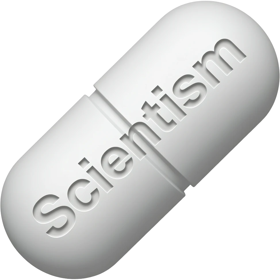 A single white "solid" oblong pill with "Scientism" engraved in it at a 45 degree angle emoji