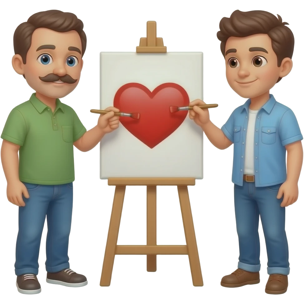 Mann (40) mit moustache und jüngerer Mann (23) malen zusammen ein Herz auf einer Staffelei emoji
