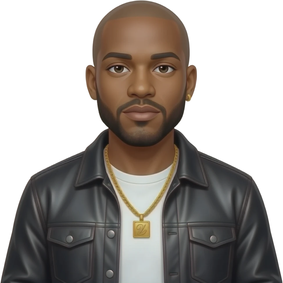 Bryan "Birdman" Williams with bald, white T-shirt, black metallic jacket, black metallic baggy pants, gold necklace and earrings emoji