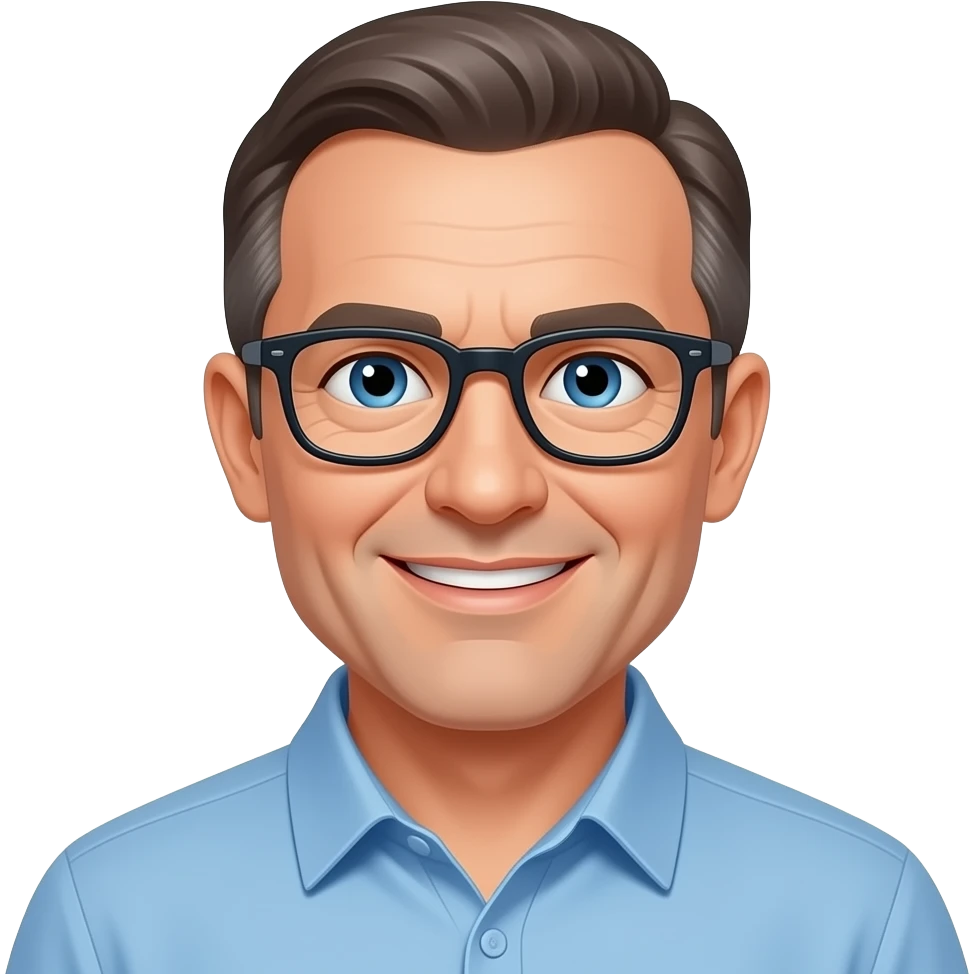 Mann Anfang 50 kurze Haare mit Brille freundlich blaue Augen emoji