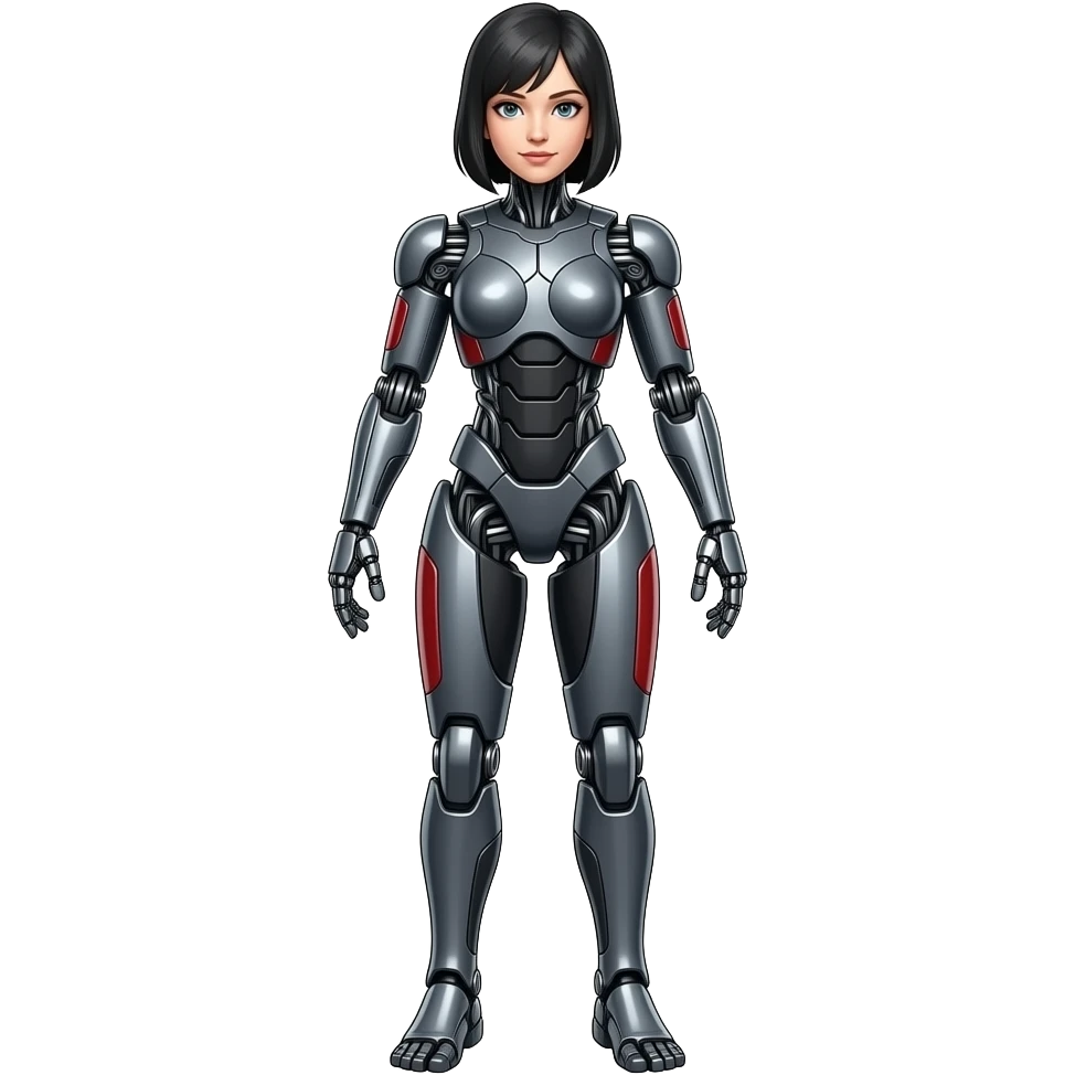 A full body mechanical girl robot made of grey dark gray steel with black and red markings. emoji