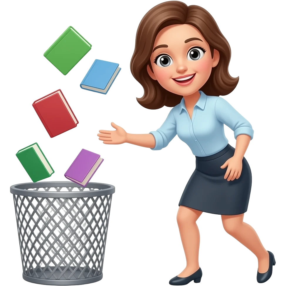 Woman throwing textbooks in trash can emoji