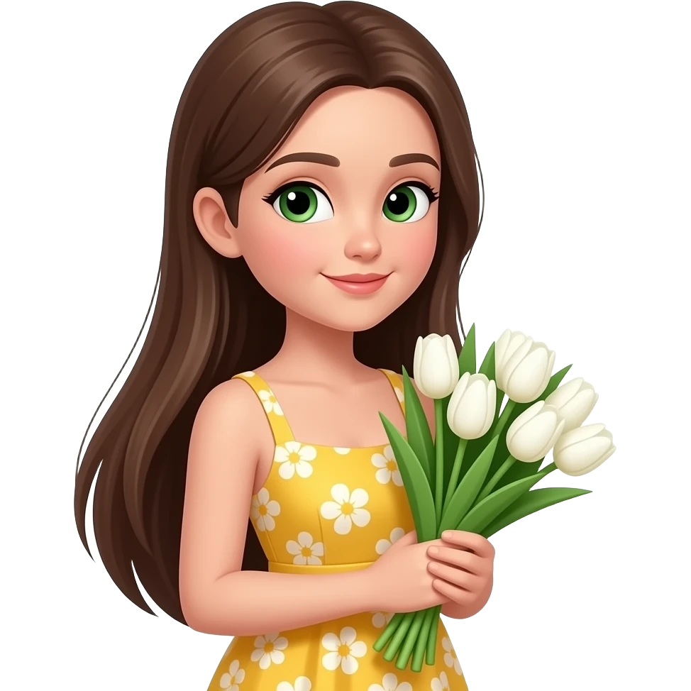 girl in a yellow floral summer dress with long straight brown hair and green eyes holding a bouquet of white tulips to the side emoji