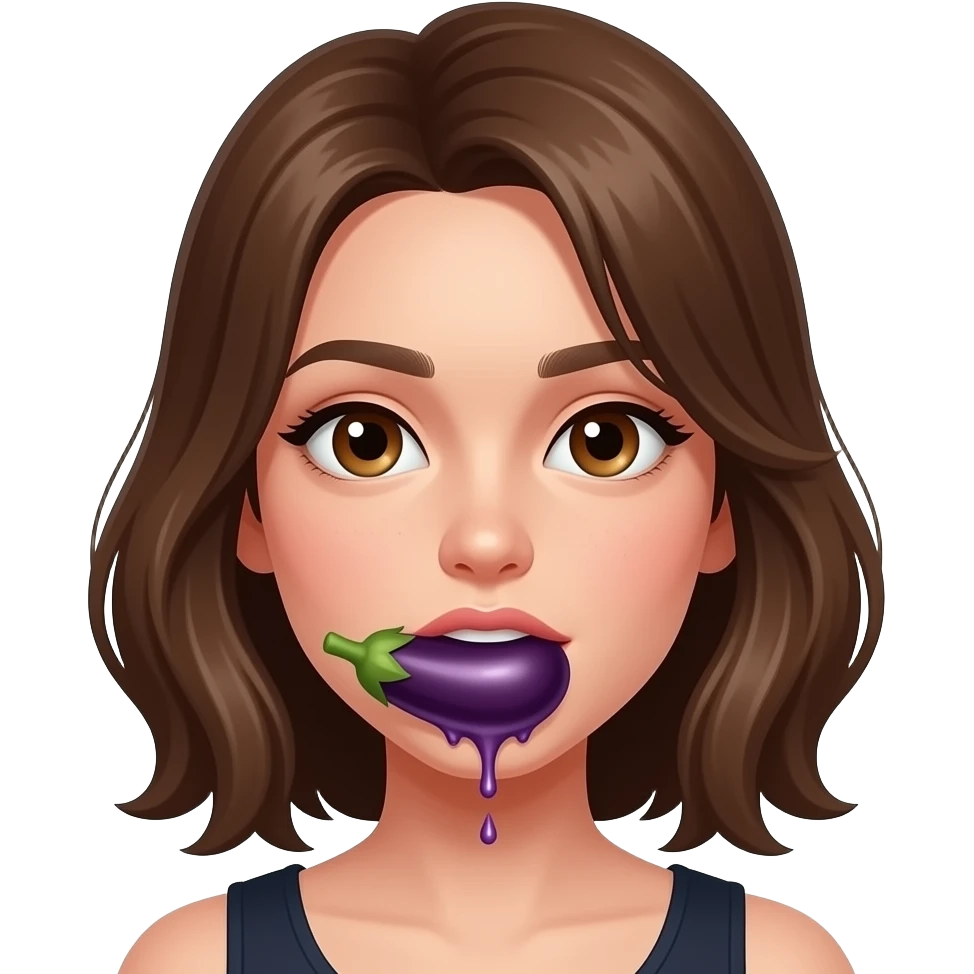 Brown hair, brown eyes girl licking dripping eggplant with siliva emoji