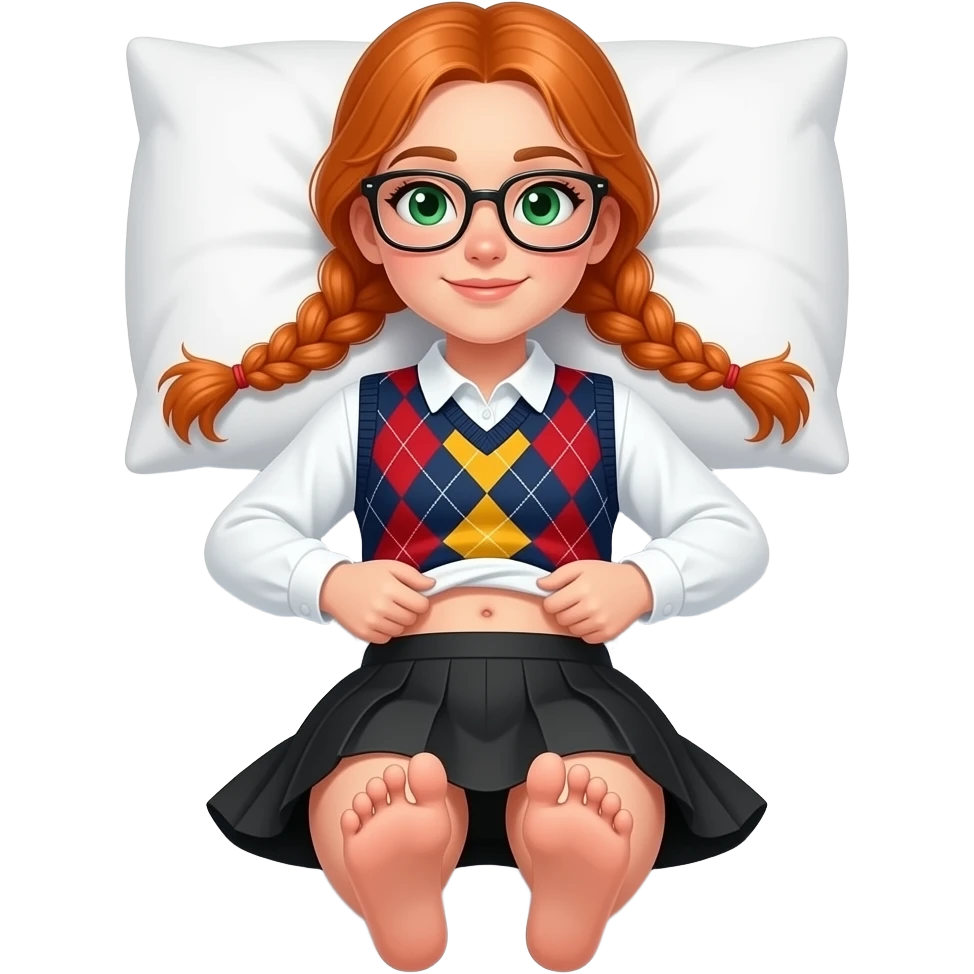 17 year old white woman green eyes orange braided pigtails rectangle glasses white long sleeved polo argyle dark blue red and yellow vest black skirt laying down on her pillow in bed lifting her shirt showing belly button showing her feet toe wiggling emoji