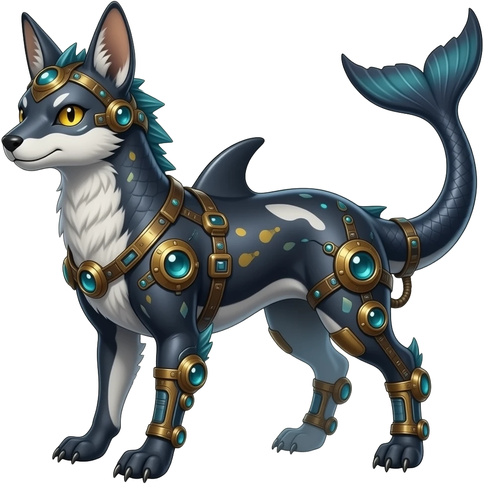 Quadrupedal digitigrade shiny glossy smooth finned frilled gothic tall slim unique epic legendary shiny edgy cool steampunk-cyberpunk-solarpunk-fantasy-Absol-Sprigatito-Vaporeon-Furret-Manectric-Mudkip-Fakémon-hybrid with an orca tail emoji