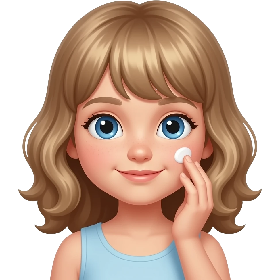 white kid blue eyes mid length hair to her shoulders with bangs soft curly hair to shoulders in color: middle to little darker blond. puts lotion on her face emoji
