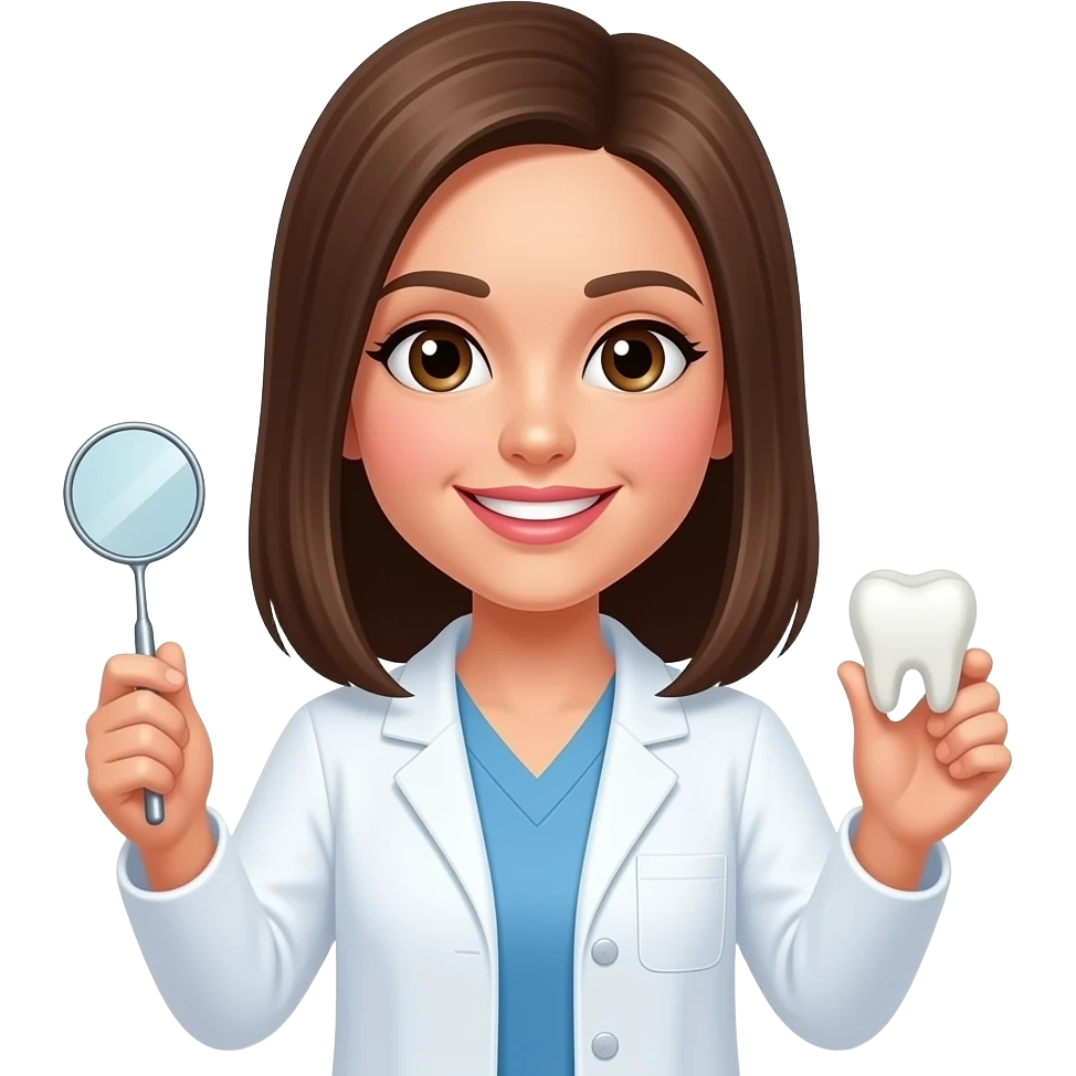 create a dentist lady holding a mouth mirror in one hand and a denture in another. make her wear labcoat. make her fair skin toaned and giver her straight brown hair till shoulder length, make her beautiful and fair and cute emoji