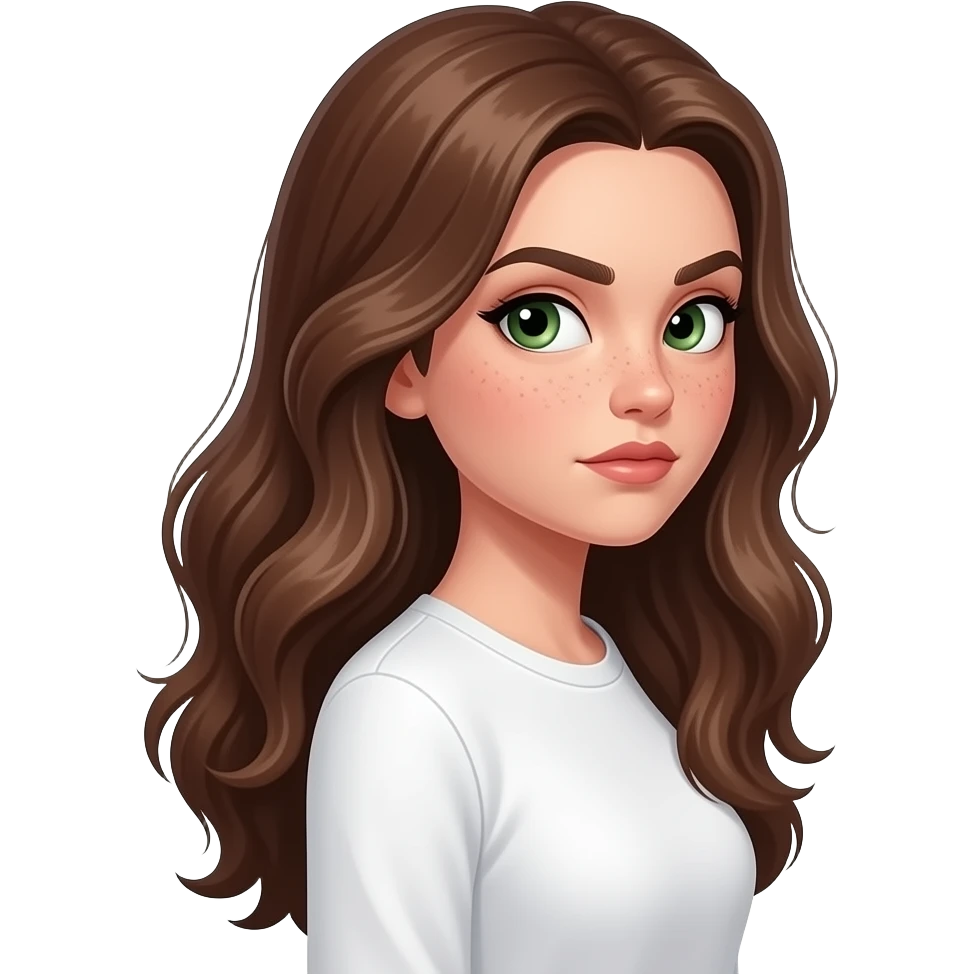 side eye Brown wavy long hair green eyes cute face with freckles pretty girll in cute  white top with long sleeve and very soft collar side view doing bombastic side eye visible strong face expression very suspicious look raised eyebrows judgmental side-eye meme emoji
