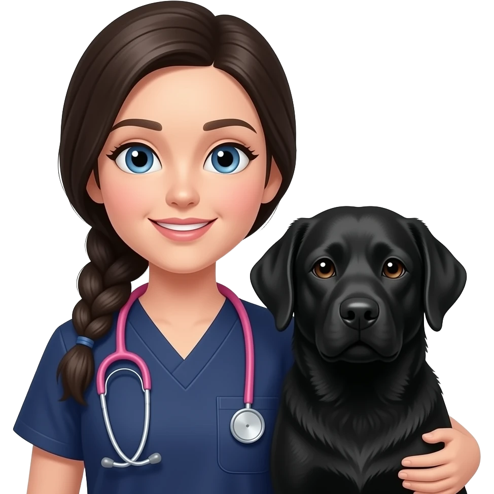 Vet nurse dark hair in 1 plait blue eyes pink stethoscope navy scrubs holding a black Labrador emoji