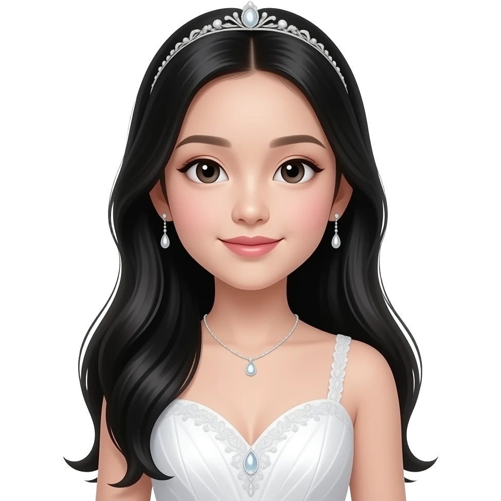A Chinese 11 year old girl born in 30/07/2014 July in a white prom dress long black hair, make up emoji