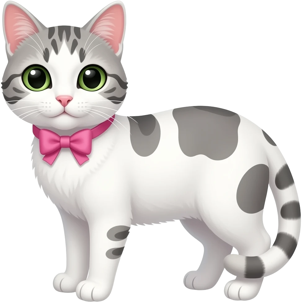 has un gato blanco con manchas grises, y ojos verdes con un collar rosa con moñito emoji