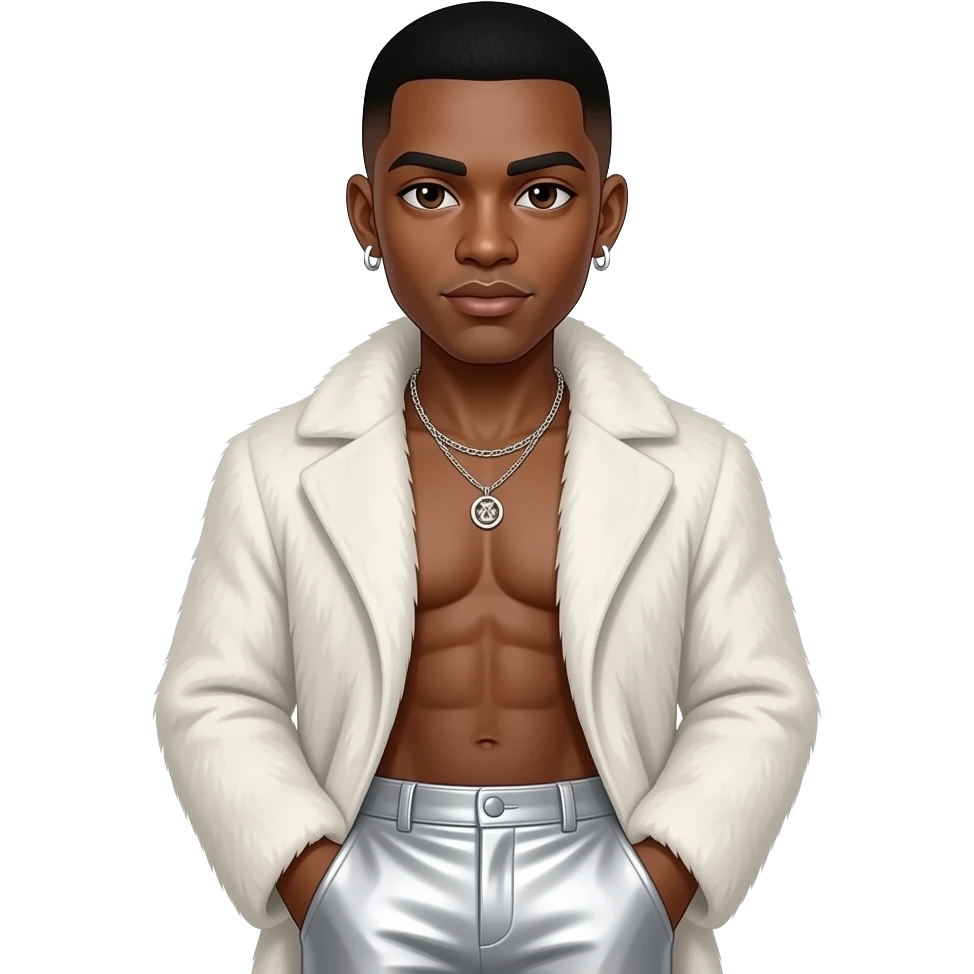 Marques Houston with dark brown eyes, black buzz cut hair, white fur coat, white metallic baggy pants, shirtless with necklace and earrings emoji
