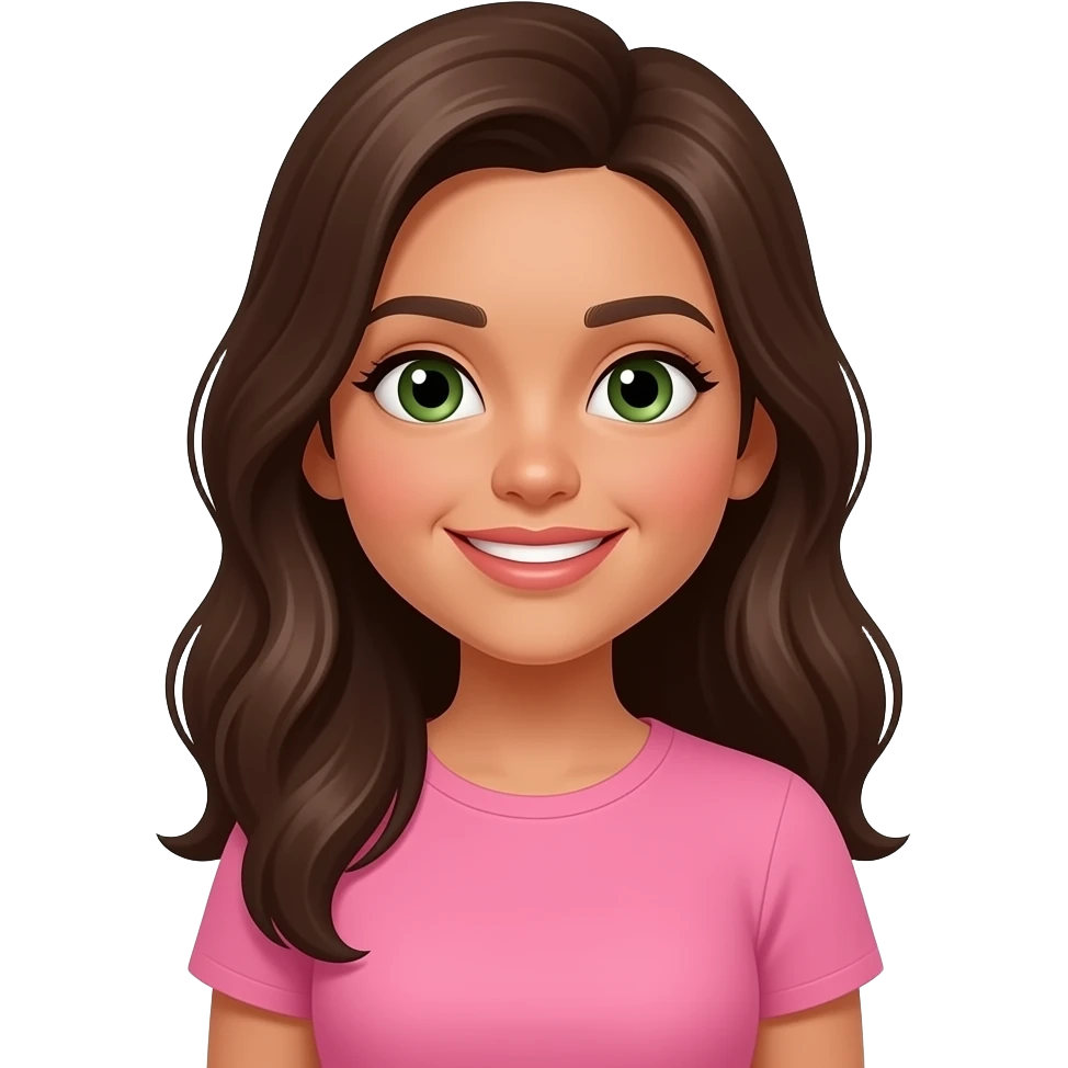 long brown haired tan girl with green eyes and big lips small button nose, smiles and has a round face and is a latina, from her chest up with a simple rosa shirt emoji