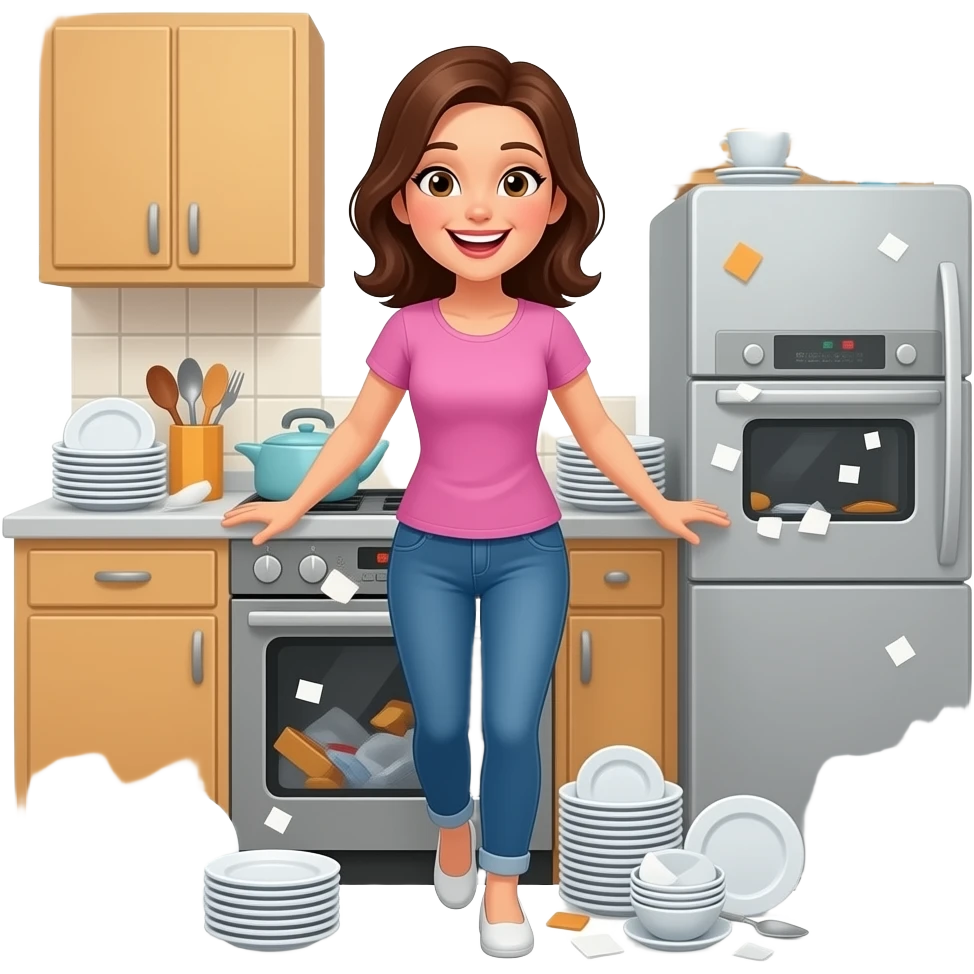 Laughing Brunette woman leaves kitchen Laughing Brunette woman leaves kitchen messy emoji