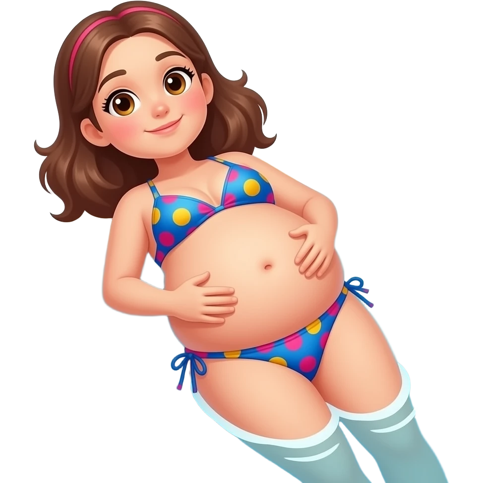 A girl enjoys beach holiday in her swimmers,but she is so full from a lunch break that she is about to burst,Then her fat Tummy rolls & drops out,she will just lay on her back in the shallow cool water,her gluttonous belly promotes a good resort business. emoji