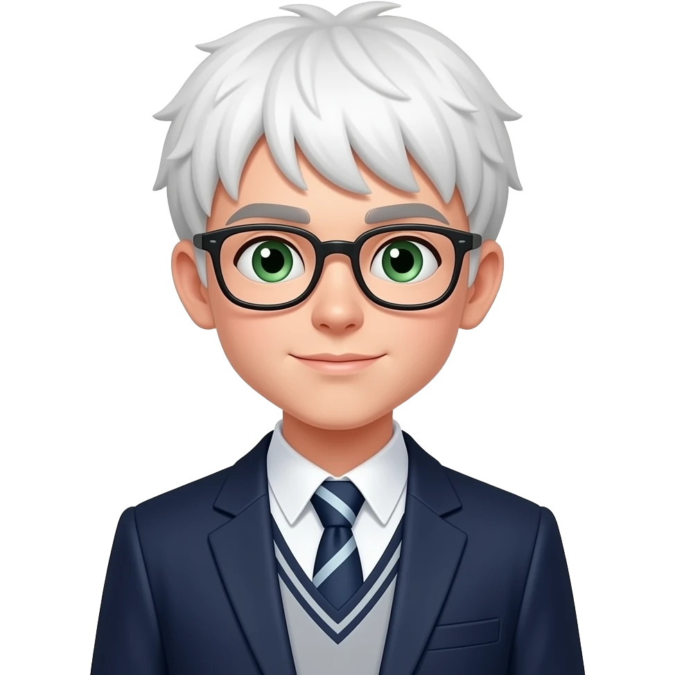 Half body emoji of a boy with short white hair, bangs, glasses, green eyes, in school uniform emoji