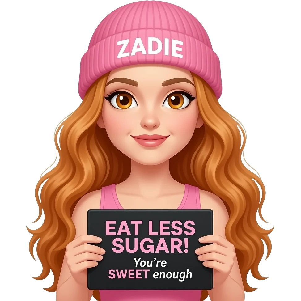 sexy girl with overlong wavy ginger hair and ginger eyes wearing a pink tanktop and a pink beanie with ZADIE written on it, is holding a black sign with EAT LESS SUGAR! You're SWEET enough written on it emoji