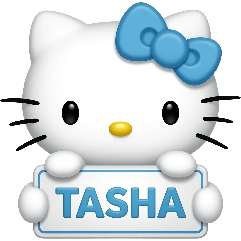 hello Kitty head with blue bow with with front paws holding a sign with the name TASHA emoji