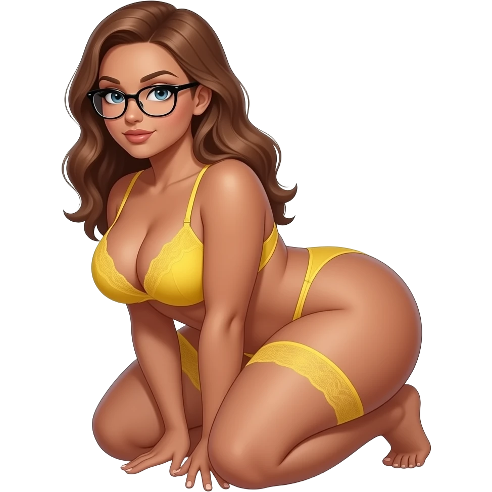 sexy, tan, nude, naked, any hair color, any eye color, glasses, big booty, big ass, PAWG, perfect body shape and figure, in a sexual pose, emphasizing on being a PAWG, huge breast with cleavage, big perfect ass, tiny waist, huge boobs and butt in a squatting pose about to ride with a yellow lingerie emoji