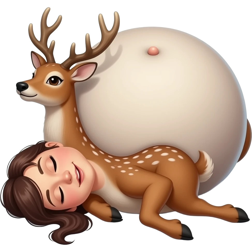 A female deer/doe is sprawling on her back unable to move,she pinned down by her own gigantic spherical ballooning Belly,her Bellybutton looks like it could reach the forest ceiling,she is that Fat,She ate way too much,She is one stuffed deer. emoji