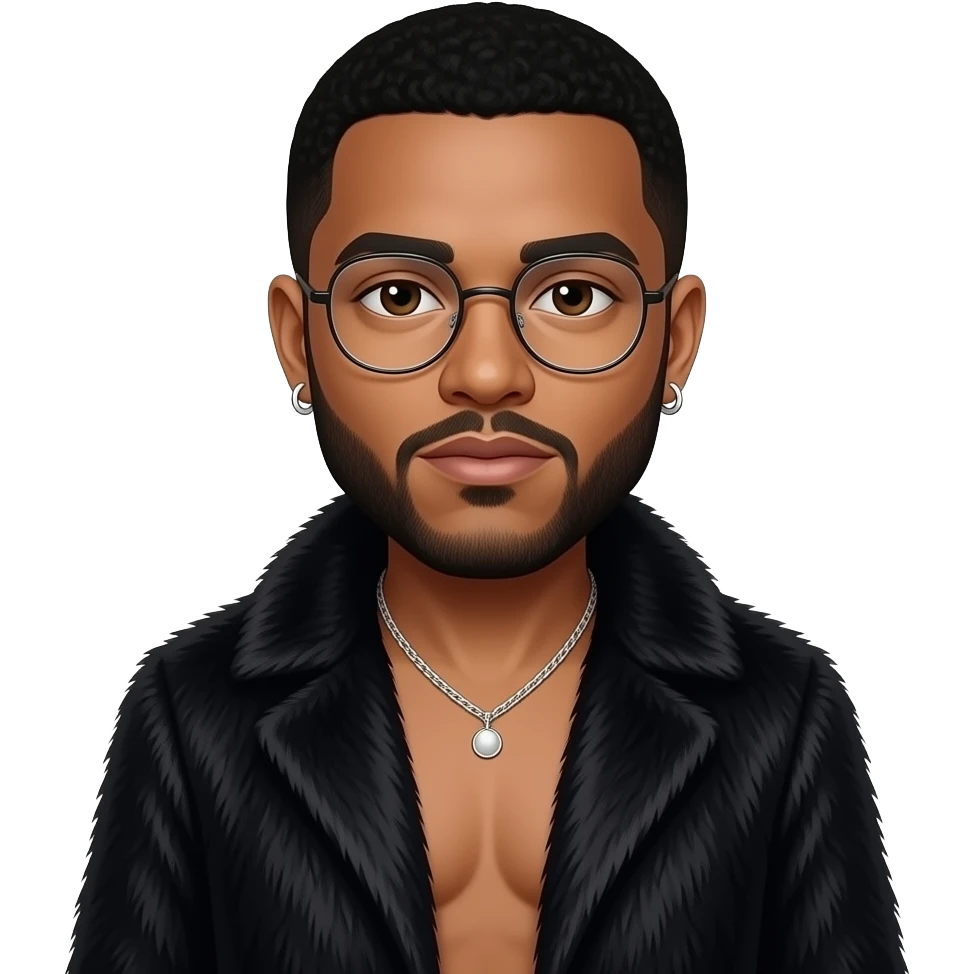 The Weeknd with dark brown eyes, black hair, black fur coat, black metallic baggy pants, shirtless with necklace and earrings emoji