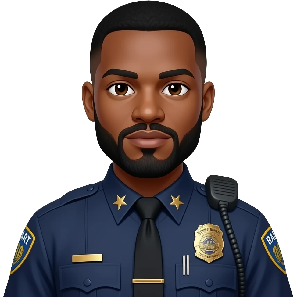 medium complexation black officer with beard and mustache and low tapper haircut and BART police uniform with gold star badge, no star on collar emoji