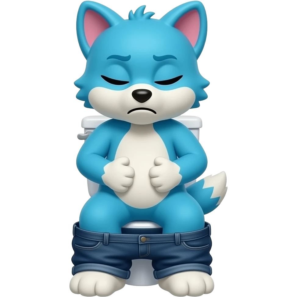 blue fursuit sitting on toilet, front view , pants down, pushing, eyes closed, straining face, hands on stomach emoji