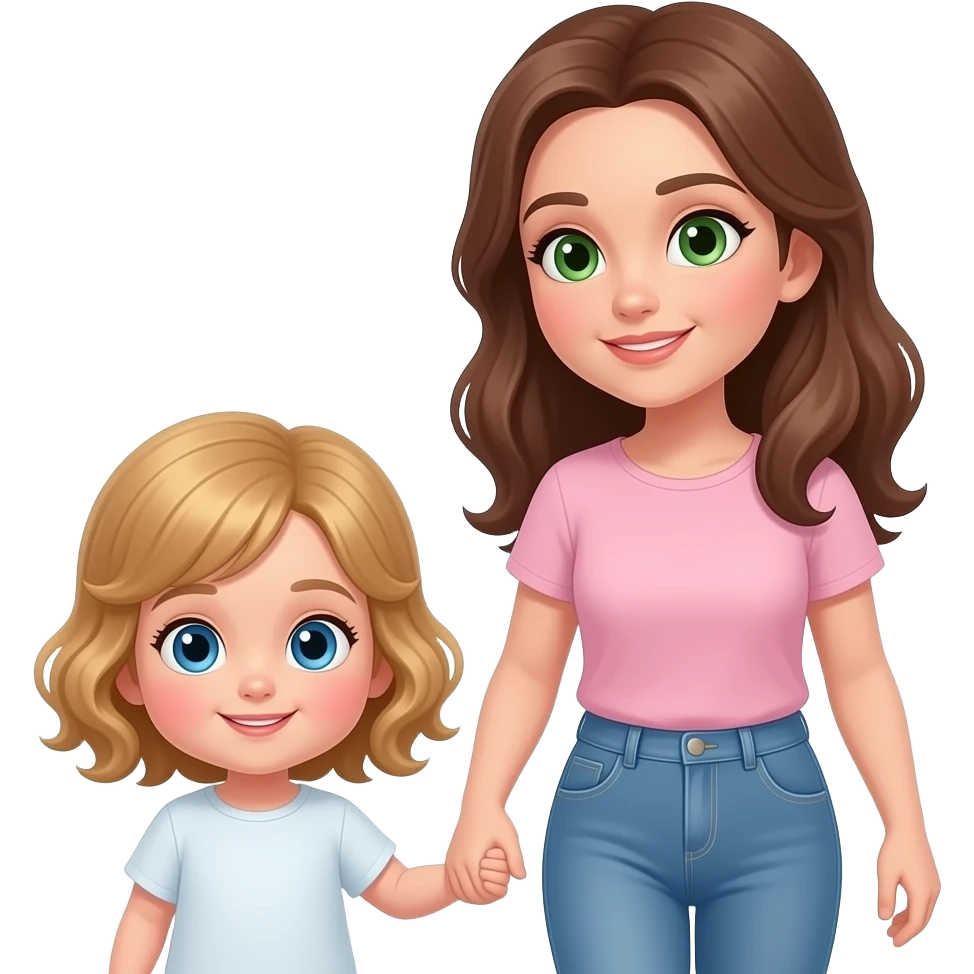 white kid blue eyes mid length hair to shoulders with bangs soft curly hair to shoulders in color: middle to little darker blond. With her mother, a mother white with hazel green eyes and level 7 hair brown hair long to her chest. walking outside hand in hand emoji