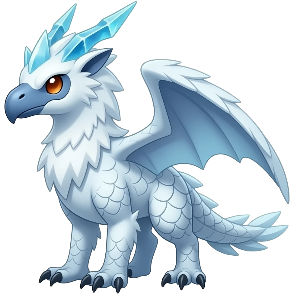 Cold cool icy glacial wintery ice-horned fuzzy furry feathery snowy white and ice-blue beautiful gorgeous attractive pretty Raptorik scaley feathery horned Amaura-Wargreymon-Aurorus-ExVeemon-WereGarurumon-Pokémon-Fakémon-hybrid-fusion-creature, full body emoji